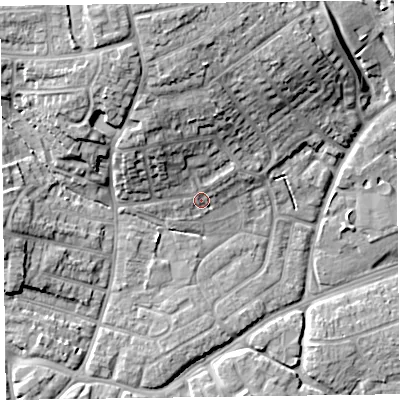 Shaded relief map of the ground around TA27AD, computed from Environment Agency LiDAR. The ground here sits at about 21 m above sea level and falls 18 m across the surrounding 800 m. Surface water reaching this point runs off ground lying to the north-north-west, 11.1 m higher.