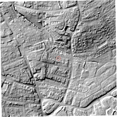 Shaded relief map of the ground around TA27DJ, computed from Environment Agency LiDAR. The ground here sits at about 22 m above sea level and falls 16 m across the surrounding 800 m. Surface water reaching this point runs off ground lying to the west, 4.7 m higher.