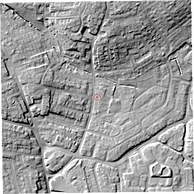 Shaded relief map of the ground around TA27DW, computed from Environment Agency LiDAR. The ground here sits at about 20 m above sea level and falls 16 m across the surrounding 800 m. Surface water reaching this point runs off ground lying to the north, 12.0 m higher.