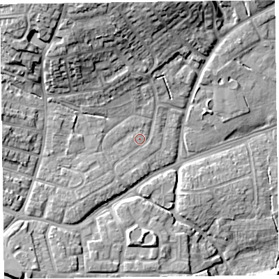 Shaded relief map of the ground around TA27DY, computed from Environment Agency LiDAR. The ground here sits at about 18 m above sea level and falls 19 m across the surrounding 800 m. Surface water reaching this point runs off ground lying to the south-west, 3.0 m higher.