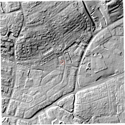 Shaded relief map of the ground around TA27DZ, computed from Environment Agency LiDAR. The ground here sits at about 18 m above sea level and falls 19 m across the surrounding 800 m. Surface water reaching this point runs off ground lying to the north-north-west, 3.2 m higher.