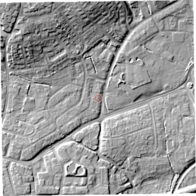 Shaded relief map of the ground around TA27EE, computed from Environment Agency LiDAR. The ground here sits at about 17 m above sea level and falls 19 m across the surrounding 800 m. Surface water reaching this point runs off ground lying to the north-west, 14.5 m higher.