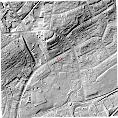 Shaded relief map of the ground around TA27EH, computed from Environment Agency LiDAR. The ground here sits at about 18 m above sea level and falls 19 m across the surrounding 800 m. Surface water reaching this point runs off ground lying to the north-west, 8.8 m higher.