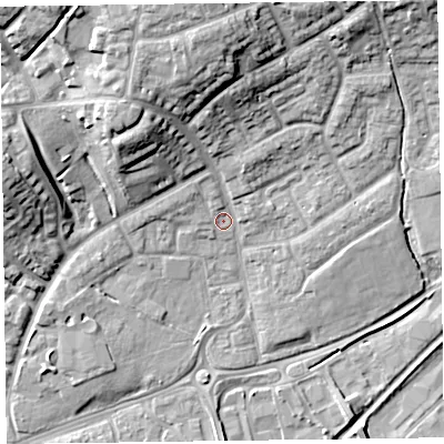Shaded relief map of the ground around TA27HG, computed from Environment Agency LiDAR. The ground here sits at about 16 m above sea level and falls 18 m across the surrounding 800 m. Surface water reaching this point runs off ground lying to the north, 14.0 m higher.