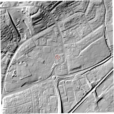 Shaded relief map of the ground around TA27HL, computed from Environment Agency LiDAR. The ground here sits at about 15 m above sea level and falls 17 m across the surrounding 800 m. Surface water reaching this point runs off ground lying to the west-north-west, 3.5 m higher.