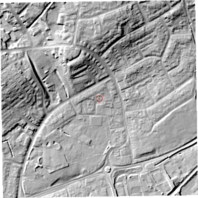 Shaded relief map of the ground around TA27HN, computed from Environment Agency LiDAR. The ground here sits at about 17 m above sea level and falls 18 m across the surrounding 800 m. Surface water reaching this point runs off ground lying to the north-west, 1.8 m higher.