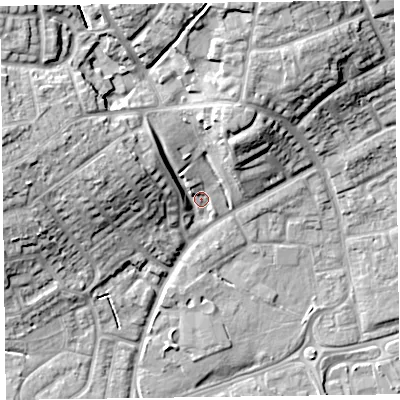 Shaded relief map of the ground around TA27HR, computed from Environment Agency LiDAR. The ground here sits at about 19 m above sea level and falls 20 m across the surrounding 800 m. Surface water reaching this point runs off ground lying to the west-north-west, 10.8 m higher.