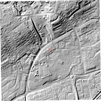 Shaded relief map of the ground around TA27HW, computed from Environment Agency LiDAR. The ground here sits at about 18 m above sea level and falls 20 m across the surrounding 800 m. Surface water reaching this point runs off ground lying to the west, 1.9 m higher.