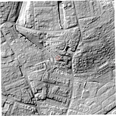 Shaded relief map of the ground around TA27LR, computed from Environment Agency LiDAR. The ground here sits at about 26 m above sea level and falls 17 m across the surrounding 800 m. Surface water reaching this point runs off ground lying to the north-east, 5.1 m higher.