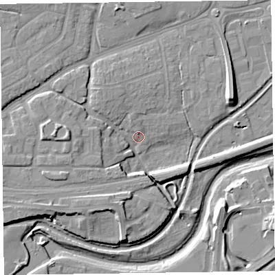 Shaded relief map of the ground around TA27PZ, computed from Environment Agency LiDAR. The ground here sits at about 15 m above sea level and falls 11 m across the surrounding 800 m. Surface water reaching this point runs off ground lying to the north, 2.2 m higher.
