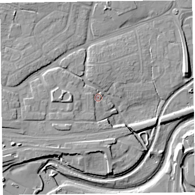 Shaded relief map of the ground around TA27QA, computed from Environment Agency LiDAR. The ground here sits at about 17 m above sea level and falls 12 m across the surrounding 800 m. Surface water reaching this point runs off ground lying to the west, 6.4 m higher.