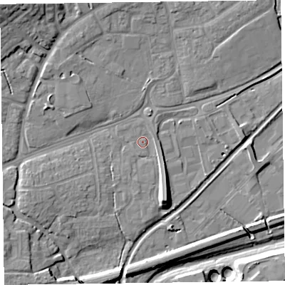 Shaded relief map of the ground around TA27RX, computed from Environment Agency LiDAR. The ground here sits at about 15 m above sea level and falls 19 m across the surrounding 800 m. Surface water reaching this point runs off ground lying to the south-south-east, 6.5 m higher.