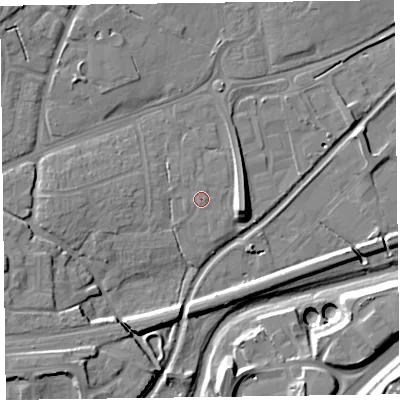 Shaded relief map of the ground around TA27TG, computed from Environment Agency LiDAR. The ground here sits at about 15 m above sea level and falls 17 m across the surrounding 800 m. Surface water reaching this point runs off ground lying to the west-north-west, 0.7 m higher.