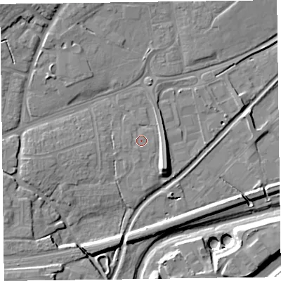 Shaded relief map of the ground around TA27TH, computed from Environment Agency LiDAR. The ground here sits at about 15 m above sea level and falls 15 m across the surrounding 800 m. Surface water reaching this point runs off ground lying to the west-south-west, 0.8 m higher.