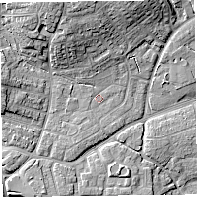 Shaded relief map of the ground around TA27UA, computed from Environment Agency LiDAR. The ground here sits at about 19 m above sea level and falls 19 m across the surrounding 800 m. Surface water reaching this point runs off ground lying to the north-north-west, 13.3 m higher.