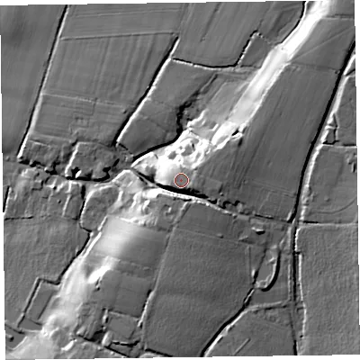 Shaded relief map of the ground around TA28AF, computed from Environment Agency LiDAR. The ground here sits at about 56 m above sea level and falls 20 m across the surrounding 800 m. Surface water reaching this point runs off ground lying to the east, 2.7 m higher.