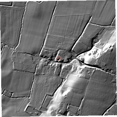 Shaded relief map of the ground around TA28AG, computed from Environment Agency LiDAR. The ground here sits at about 46 m above sea level and falls 21 m across the surrounding 800 m. Surface water reaching this point runs off ground lying to the north-north-east, 2.7 m higher.