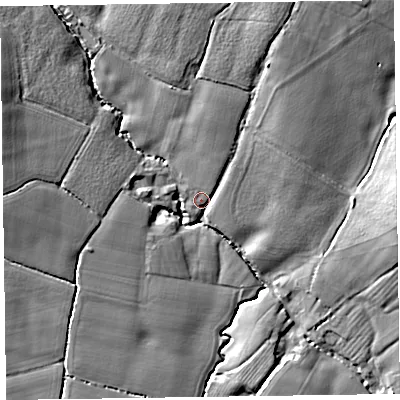 Shaded relief map of the ground around TA28AS, computed from Environment Agency LiDAR. The ground here sits at about 43 m above sea level and falls 15 m across the surrounding 800 m. Surface water reaching this point runs off ground lying to the north-north-east, 11.0 m higher.