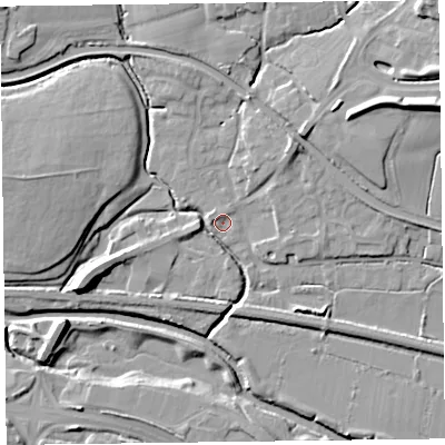 Shaded relief map of the ground around TA28BE, computed from Environment Agency LiDAR. The ground here sits at about 11 m above sea level and falls 16 m across the surrounding 800 m. Surface water reaching this point runs off ground lying to the west, 1.8 m higher.
