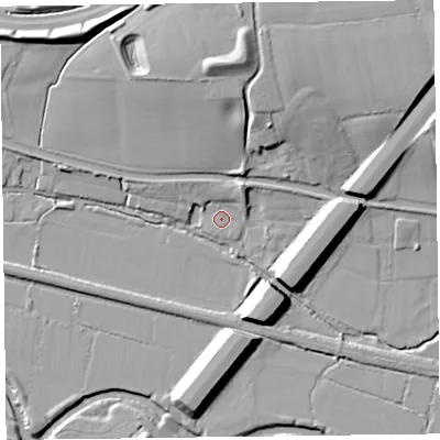 Shaded relief map of the ground around TA28BU, computed from Environment Agency LiDAR. The ground here sits at about 10 m above sea level and falls 20 m across the surrounding 800 m. Surface water reaching this point runs off ground lying to the north, 3.7 m higher.