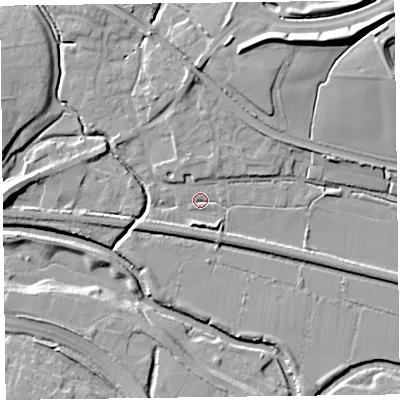 Shaded relief map of the ground around TA28BX, computed from Environment Agency LiDAR. The ground here sits at about 10 m above sea level and falls 17 m across the surrounding 800 m. Surface water reaching this point runs off ground lying to the north, 5.9 m higher.