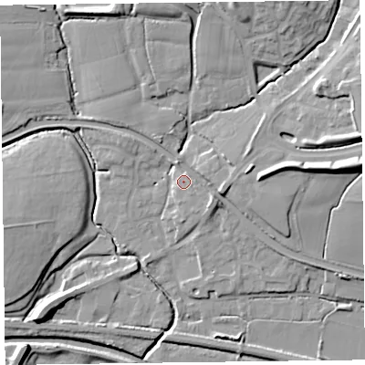 Shaded relief map of the ground around TA28BY, computed from Environment Agency LiDAR. The ground here sits at about 14 m above sea level and falls 16 m across the surrounding 800 m. Surface water reaching this point runs off ground lying to the east-south-east, 3.0 m higher.