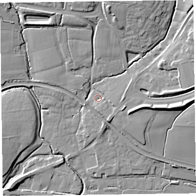 Shaded relief map of the ground around TA28BZ, computed from Environment Agency LiDAR. The ground here sits at about 13 m above sea level and falls 17 m across the surrounding 800 m. Surface water reaching this point runs off ground lying to the north-north-east, 14.1 m higher.