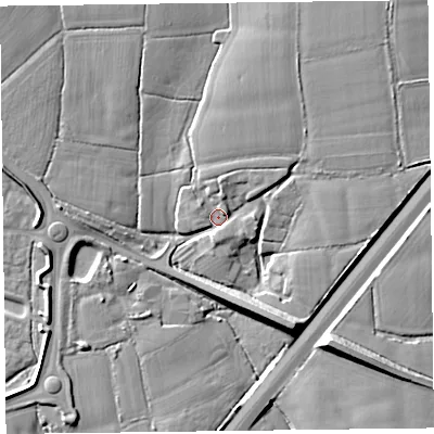 Shaded relief map of the ground around TA28DA, computed from Environment Agency LiDAR. The ground here sits at about 24 m above sea level and falls 13 m across the surrounding 800 m. Surface water reaching this point runs off ground lying to the north, 3.8 m higher.