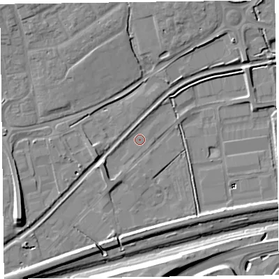 Shaded relief map of the ground around TA28DB, computed from Environment Agency LiDAR. The ground here sits at about 12 m above sea level and falls 13 m across the surrounding 800 m. Surface water reaching this point runs off ground lying to the south-west, 3.7 m higher.