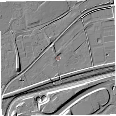 Shaded relief map of the ground around TA28DE, computed from Environment Agency LiDAR. The ground here sits at about 13 m above sea level and falls 16 m across the surrounding 800 m. Surface water reaching this point runs off ground lying to the north-north-west, 2.1 m higher.