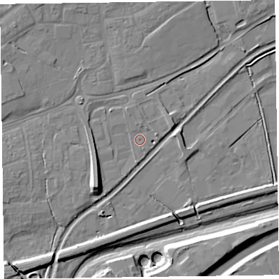 Shaded relief map of the ground around TA28DF, computed from Environment Agency LiDAR. The ground here sits at about 14 m above sea level and falls 13 m across the surrounding 800 m. Surface water reaching this point runs off ground lying to the east-north-east, 1.5 m higher.