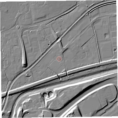 Shaded relief map of the ground around TA28DG, computed from Environment Agency LiDAR. The ground here sits at about 13 m above sea level and falls 18 m across the surrounding 800 m. Surface water reaching this point runs off ground lying to the north-north-east, 1.1 m higher.