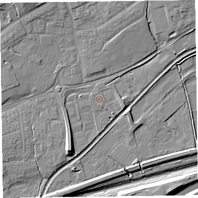 Shaded relief map of the ground around TA28DN, computed from Environment Agency LiDAR. The ground here sits at about 15 m above sea level and falls 11 m across the surrounding 800 m. Surface water reaching this point runs off ground lying to the west-north-west, 0.8 m higher.