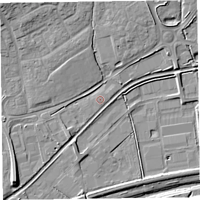 Shaded relief map of the ground around TA28DU, computed from Environment Agency LiDAR. The ground here sits at about 14 m above sea level and falls 15 m across the surrounding 800 m. The ground contributing surface water to this point lies to the south-east.