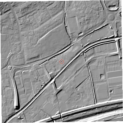Shaded relief map of the ground around TA28DW, computed from Environment Agency LiDAR. The ground here sits at about 13 m above sea level and falls 15 m across the surrounding 800 m. The ground contributing surface water to this point lies to the north.