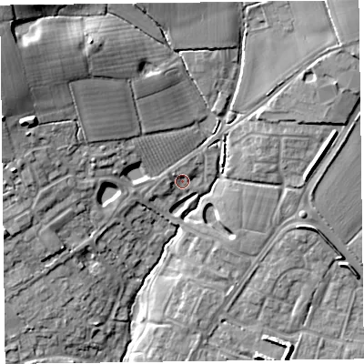 Shaded relief map of the ground around TA28FJ, computed from Environment Agency LiDAR. The ground here sits at about 27 m above sea level and falls 24 m across the surrounding 800 m. Surface water reaching this point runs off ground lying to the north, 3.9 m higher.