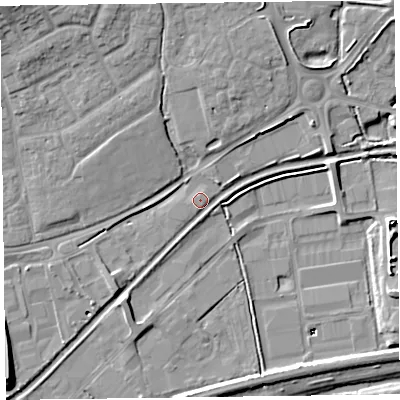 Shaded relief map of the ground around TA28FR, computed from Environment Agency LiDAR. The ground here sits at about 14 m above sea level and falls 15 m across the surrounding 800 m. Surface water reaching this point runs off ground lying to the north-north-east, 5.9 m higher.