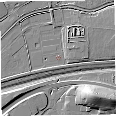 Shaded relief map of the ground around TA28GQ, computed from Environment Agency LiDAR. The ground here sits at about 12 m above sea level and falls 35 m across the surrounding 800 m. Surface water reaching this point runs off ground lying to the east-north-east, 6.1 m higher.