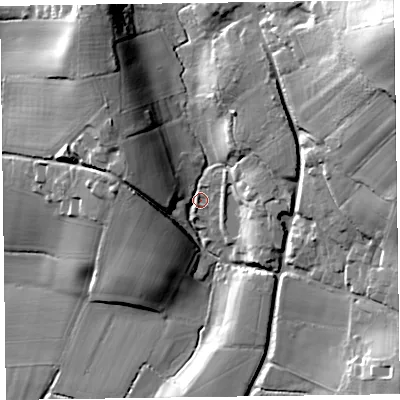 Shaded relief map of the ground around TA28HL, computed from Environment Agency LiDAR. The ground here sits at about 57 m above sea level and falls 63 m across the surrounding 800 m. Surface water reaching this point runs off ground lying to the north-east, 54.0 m higher.