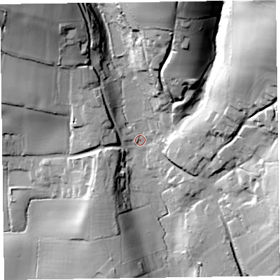 Shaded relief map of the ground around TA28HW, computed from Environment Agency LiDAR. The ground here sits at about 65 m above sea level and falls 64 m across the surrounding 800 m. Surface water reaching this point runs off ground lying to the north-east, 54.7 m higher.