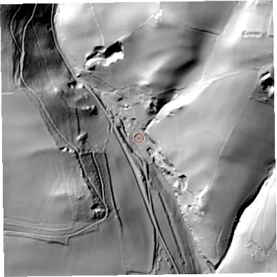 Shaded relief map of the ground around TA28HX, computed from Environment Agency LiDAR. The ground here sits at about 88 m above sea level and falls 119 m across the surrounding 800 m. Surface water reaching this point runs off ground lying to the north-east, 107.7 m higher.