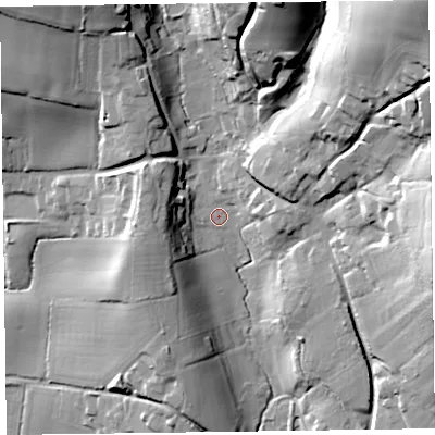 Shaded relief map of the ground around TA28JA, computed from Environment Agency LiDAR. The ground here sits at about 64 m above sea level and falls 61 m across the surrounding 800 m. Surface water reaching this point runs off ground lying to the north-east, 50.7 m higher.