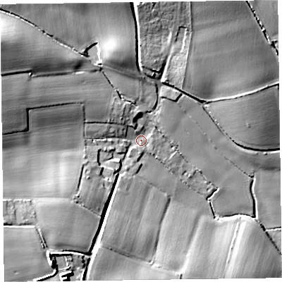 Shaded relief map of the ground around TA28JY, computed from Environment Agency LiDAR. The ground here sits at about 35 m above sea level and falls 28 m across the surrounding 800 m. Surface water reaching this point runs off ground lying to the south-west, 19.4 m higher.