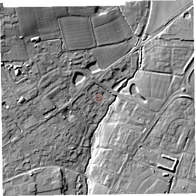 Shaded relief map of the ground around TA28NR, computed from Environment Agency LiDAR. The ground here sits at about 26 m above sea level and falls 21 m across the surrounding 800 m. Surface water reaching this point runs off ground lying to the north-west, 5.0 m higher.