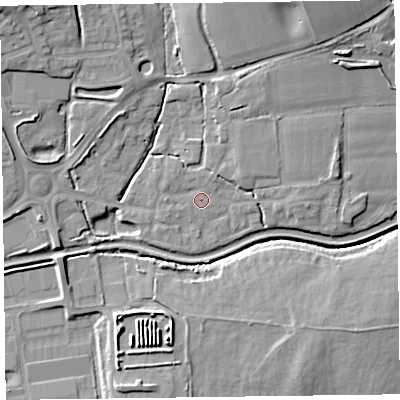 Shaded relief map of the ground around TA28PX, computed from Environment Agency LiDAR. The ground here sits at about 14 m above sea level and falls 15 m across the surrounding 800 m. Surface water reaching this point runs off ground lying to the north-north-east, 1.7 m higher.