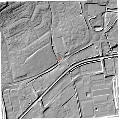 Shaded relief map of the ground around TA28QH, computed from Environment Agency LiDAR. The ground here sits at about 13 m above sea level and falls 20 m across the surrounding 800 m. Surface water reaching this point runs off ground lying to the north-west, 15.0 m higher.