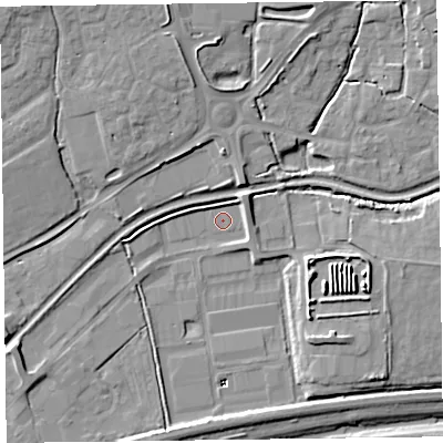 Shaded relief map of the ground around TA28QY, computed from Environment Agency LiDAR. The ground here sits at about 11 m above sea level and falls 13 m across the surrounding 800 m. Surface water reaching this point runs off ground lying to the east-south-east, 11.5 m higher.