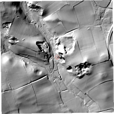 Shaded relief map of the ground around TA28RB, computed from Environment Agency LiDAR. The ground here sits at about 57 m above sea level and falls 56 m across the surrounding 800 m. Surface water reaching this point runs off ground lying to the north-west, 45.2 m higher.