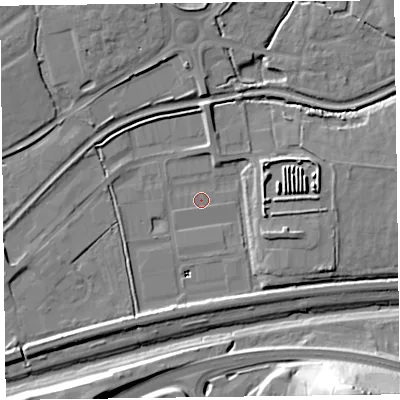 Shaded relief map of the ground around TA28RX, computed from Environment Agency LiDAR. The ground here sits at about 11 m above sea level and falls 33 m across the surrounding 800 m. Surface water reaching this point runs off ground lying to the south-west, 8.4 m higher.