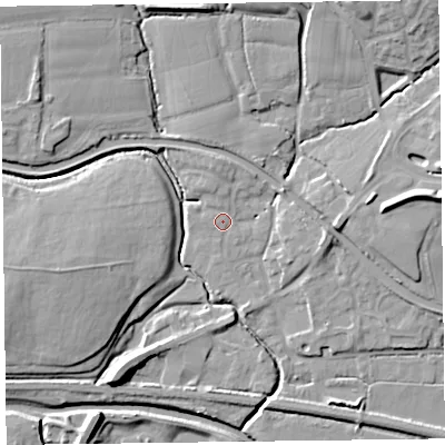 Shaded relief map of the ground around TA28TA, computed from Environment Agency LiDAR. The ground here sits at about 12 m above sea level and falls 15 m across the surrounding 800 m. Surface water reaching this point runs off ground lying to the north, 3.8 m higher.